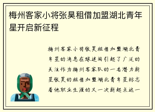 梅州客家小将张昊租借加盟湖北青年星开启新征程