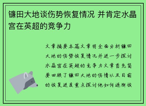 镰田大地谈伤势恢复情况 并肯定水晶宫在英超的竞争力