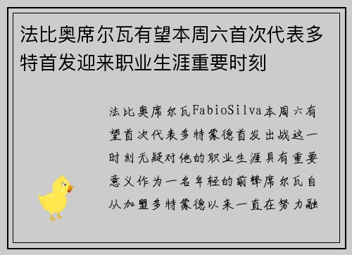 法比奥席尔瓦有望本周六首次代表多特首发迎来职业生涯重要时刻